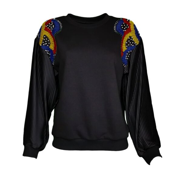 Pleated Sleeve Black Sweatshirt With Embroidered Shoulders