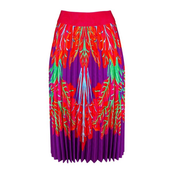 Half Circle Pleated Purple Midi Skirt with Red Leaves Print