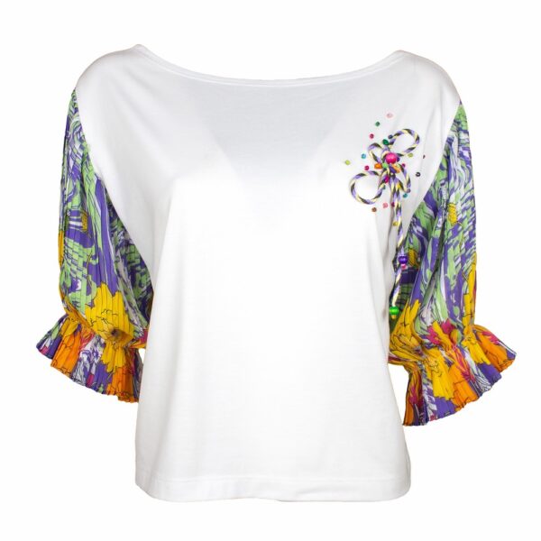 White Blouse with Pleated Sleeves and Embroidery Details