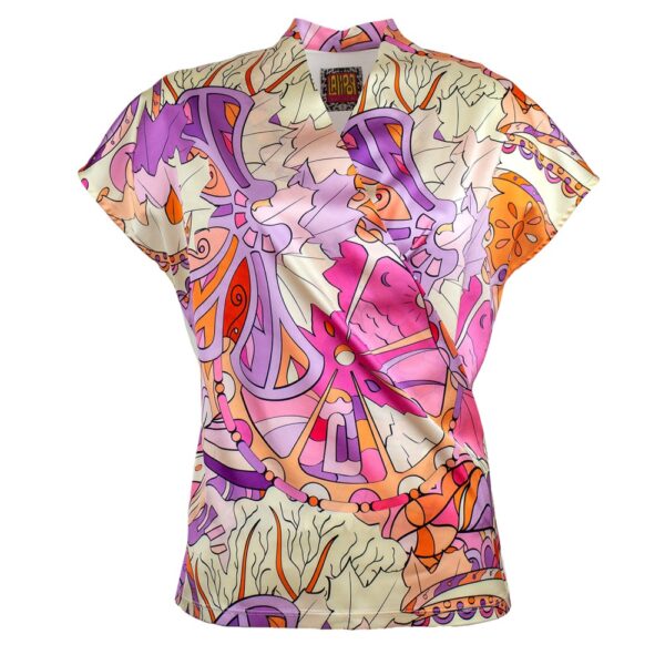 Draped Satin Double Breasted Abstract Print Blouse