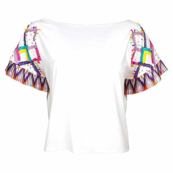 Blouse with Pleated Sleeves&Embroidery Details on Shoulders