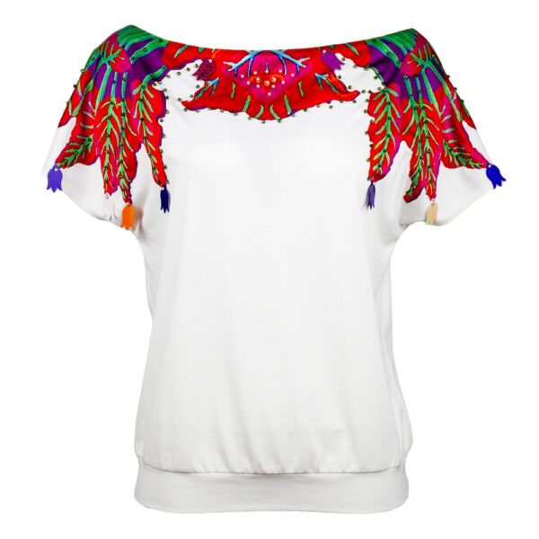 White Blouse with Laser-cut Red Leaves Print on the Neck