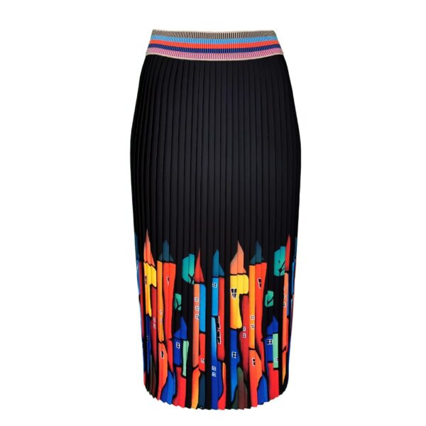 Black Midi Pleated Skirt With Colorful House Prints