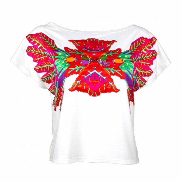 White Blouse with Laser-cut Red Leaves Print on the Chest