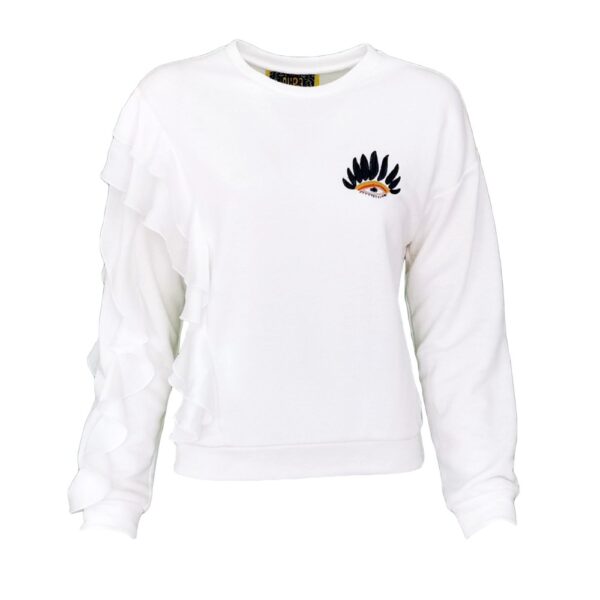 White Sweatshirt With Ruffle Detail & Eye Embroidery