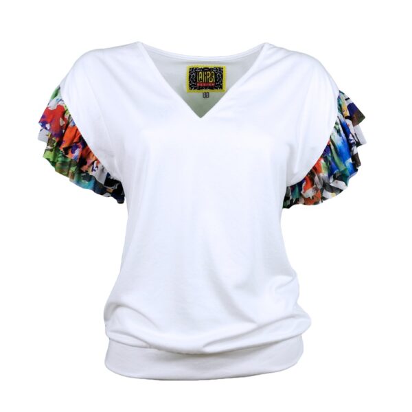 V-Neck Viscose Blouse With Tulle Ruffle Sleeves