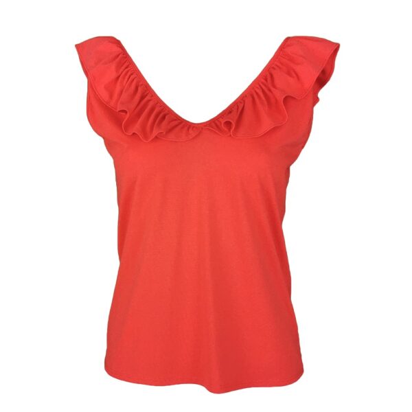 Sleeveless Red Blouse With Ruffled V-Neck