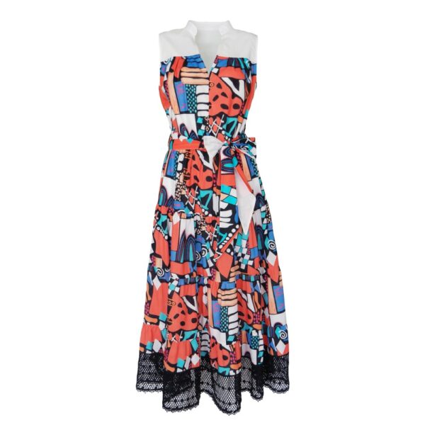 Long Sleeveless Voile Dress with Black Embroidery Detail