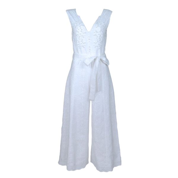 White Cotton Embroidery Jumpsuit With Faux Pearl & Diamond Details