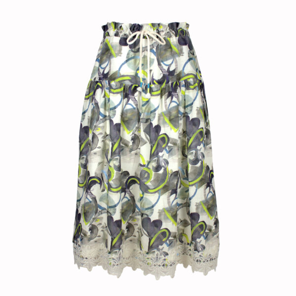 Linen Tiered Drawstring Skirt With Trims Of Lace Appliques