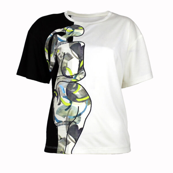 Black & Multicolor T-Shirt With Laser Cut Linen Appliques