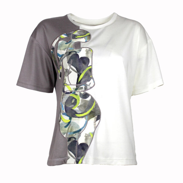 Mink & Multicolor T-Shirt With Laser Cut Linen Appliques