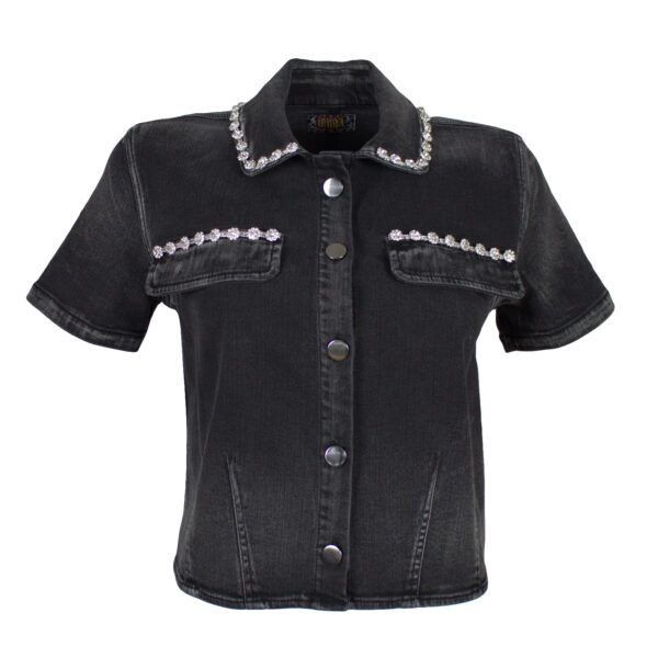 Hand Stitched Crystal Embellished Black Denim Cropped Jacket
