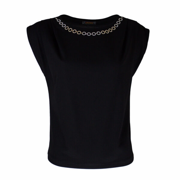 Adjustable Gold&Silver Chain Embellished Cap-Sleeve Black T-Shirt