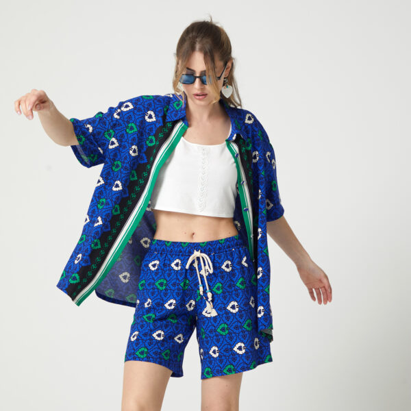 Abstract Print Viscose Short Sleeves Shirt & White Crop Top Set