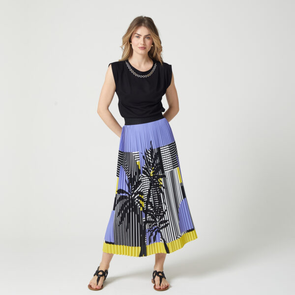 Stripe And Palm Print Pleated Recycled Fabric Maxi Skirt